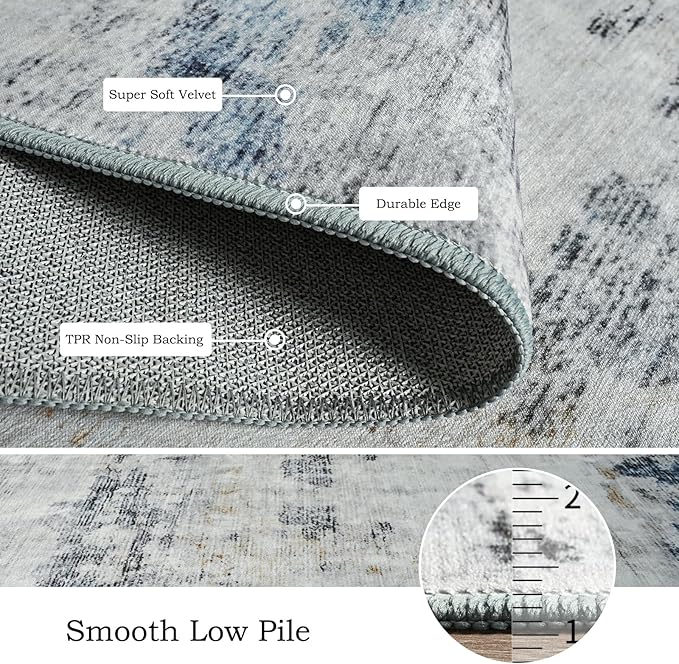 Toneed Abstract Area Rug 5x7 Modern Washable Rug Soft Non Slip Rug Low Pile for Bedroom Living Room Dining Room Blue/White