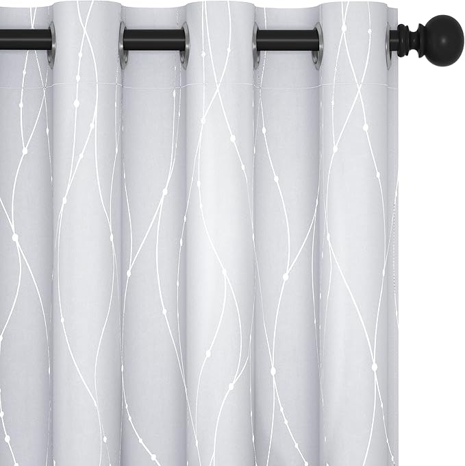 Deconovo Living Room Curtains, Room Darkening Drapes, Thermal Insulated Soundproof Grommet Drape, Silver Wave Dot Print, 52 x 108 Inch Long, Machine Washable Window Panels for Bedroom Office, Set of 2