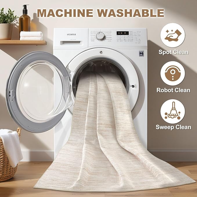 Nakagishi 5x8 Area Rugs Living Room: Washable Large Vintage Rug Neutral Non-Slip Soft Stain Resistant Indoor Carpet for Bedroom Nursery Dining Room Office Playroom - Beige-01