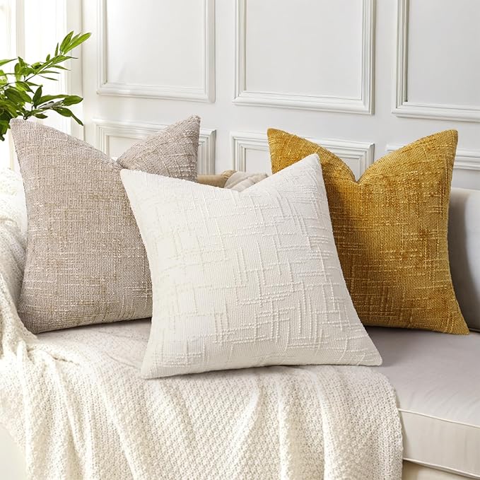 decorUhome Summer Mustard Yellow Chenille Throw Pillow Covers 16x16 Set of 2 Textured Soft Cozy Slubby Couch Pillow Covers Modern Farmhouse Boho Decorative Pillow Cases for Bed Sofa Living Room