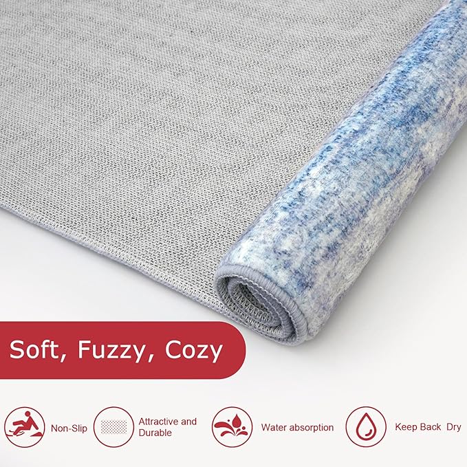 KOZYFLY Modern Abstract Small Area Rugs, 2x3 Washable Kitchen Rug Non-Slip Soft Small Bathroom Rug, Blue/Grey/Beige Striped Entryway Rugs Abstract Print Faux Wool Doormat for Bedside Entrance Bedroom