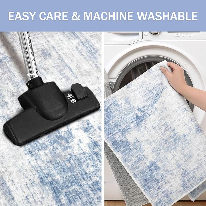 IOHOUZE Abstract Runner Rug 3x12 Ft Washable Runners for Hallways, Non Slip Kitchen Runner Printed Faux Wool Entryway Runner Indoor, Modern Abstract Floor Carpet for Hall Kitchen, Light Blue Grey