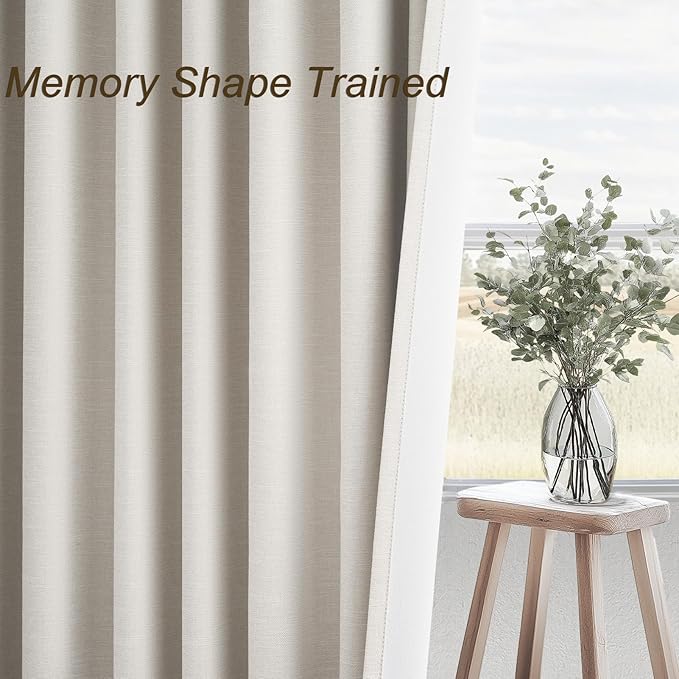 Topfinel 105 Inches Long Custom Black Out Faux Thick Linen Drapery Two Panels, Cream White Back Tab Rod Pocket Rustic Ivory Curtains, Pleated Curtains, Outdoor Patio Curtains Winter Christmas Decor