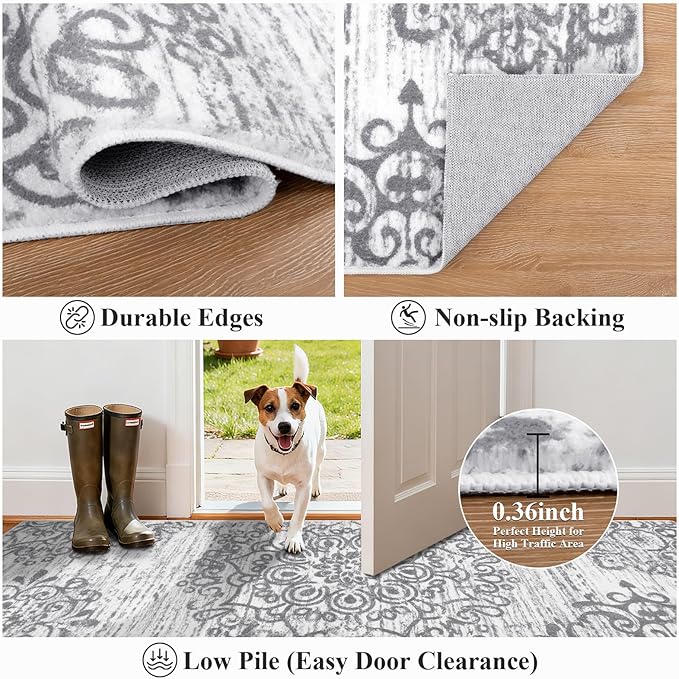 HEBE Washable Area Rug - 3'x6' Non Slip Soft Distressed Medallion Bedroom & Living Room Accent Throw Vintage Entry Floor Carpet for Dining Room & Bathroom Entryway
