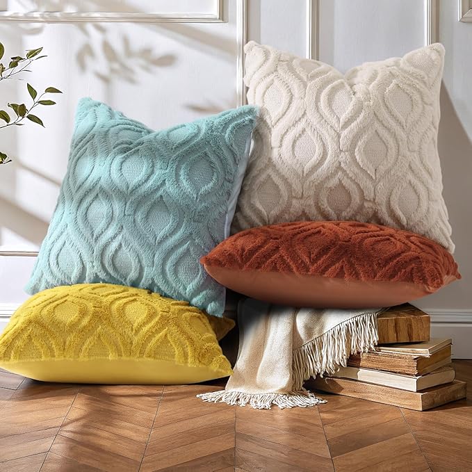 decorUhome Throw Pillow Covers 26x26 Inch Set of 2, Soft Plush Faux Wool Beige Solid Couch Pillow Covers, Accent Euro Sham Farmhouse Neutral Square Pillow Cases for Sofa Bed Living Room
