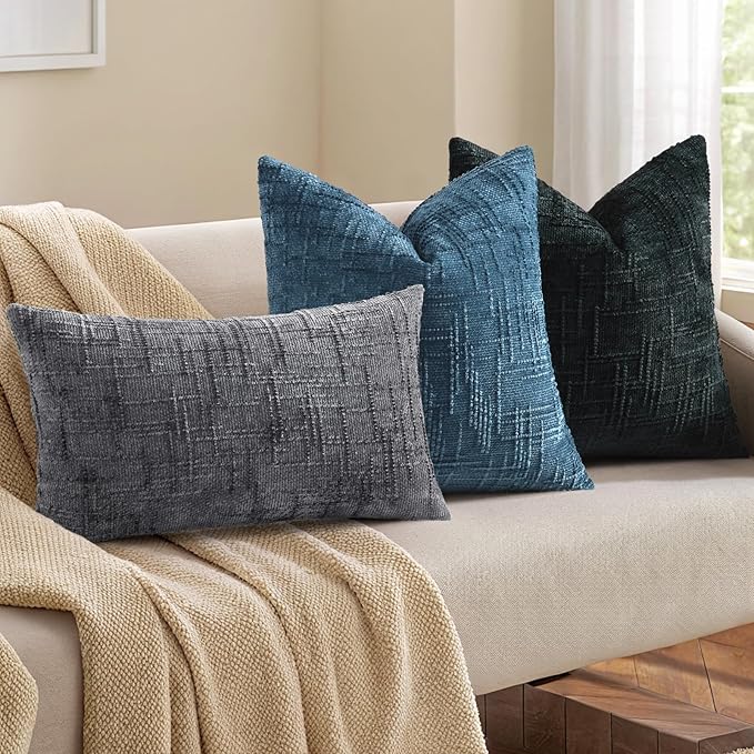 decorUhome Navy Blue Chenille Throw Pillow Covers 12x20 Set of 2 Textured Soft Cozy Slubby Couch Pillow Covers Modern Farmhouse Boho Decorative Pillow Cases for Bed Sofa Living Room