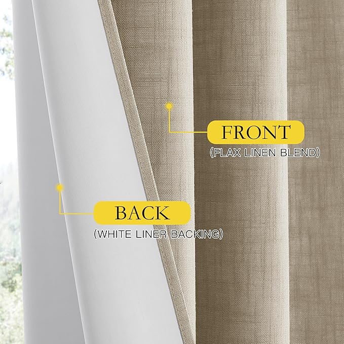 NICETOWN Taupe 100% Blackout Linen Curtains 63 inch Long Burg, Farmhouse Thick Completely Blackout Window Treatment Panels Thermal Insulated Drapes for Living Room (1 Pair, 52" Width Each Panel)