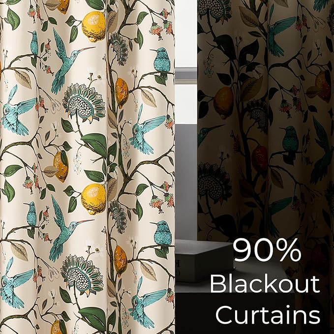 Topfinel 54 Inches Long Blackout Curtains for Cafe Kitchen Beige Vintage Grommet Room Darkening Luxury Floral Lemon Hummingbird Patterned Waverly Colorful Drapes for Living Room Bedroom