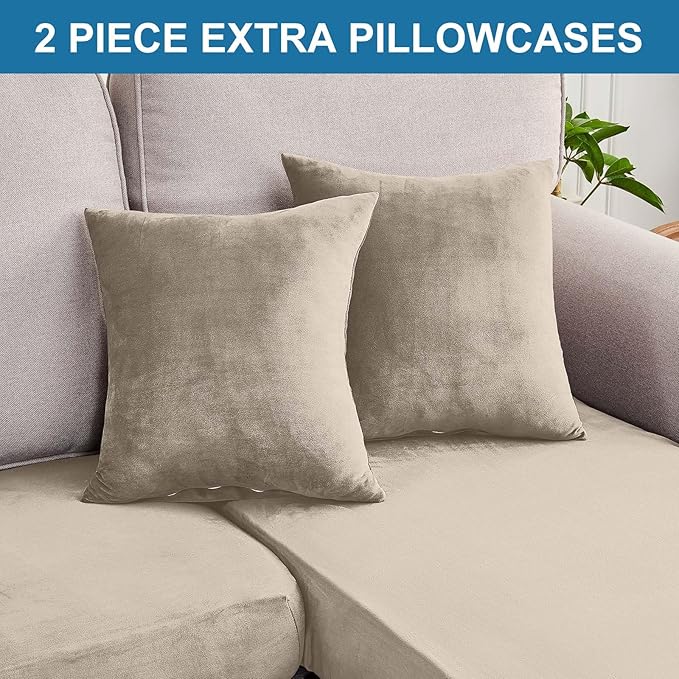Couch Cover 8-Piece Elastic Velvet Couch Cushion Covers & Chaise Slipcovers for L-Shaped Sofas - Sofa Seat Covers Washable, Soft Protector for Couches (7 Seater + Chaise, Taupe)