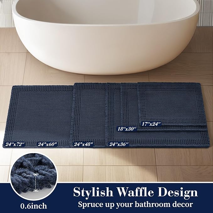 RESARE Waffle Bathroom Runner Rugs, Super Absorbent Bath Mat Non Slip Washable Quick Dry, Upgraded Ultra Soft Boho Bath Rugs with Tassels for Hallway Bedroom Laundry Room, 2'x5'(24"x60"), Navy