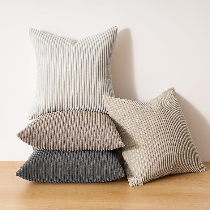 Topfinel 4 Packs Natural Decorative Throw Pillows Covers 26x26 Inch for Living Room Couch Bed Sofa, Rustic Farmhouse Boho Neutral Home Decor, Soft Plush Striped Corduroy Square Cushion Case 65x65 cm