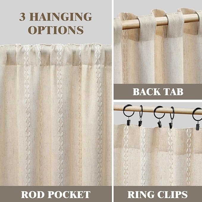 Boho Light Filtering Curtains 63 Inches Long Beige Linen Blend 2 Panels with Tassels and Cotton Embroidery, Farmhouse Vintage Rustic Rod Pocket Drapes for Living Room or Bedroom