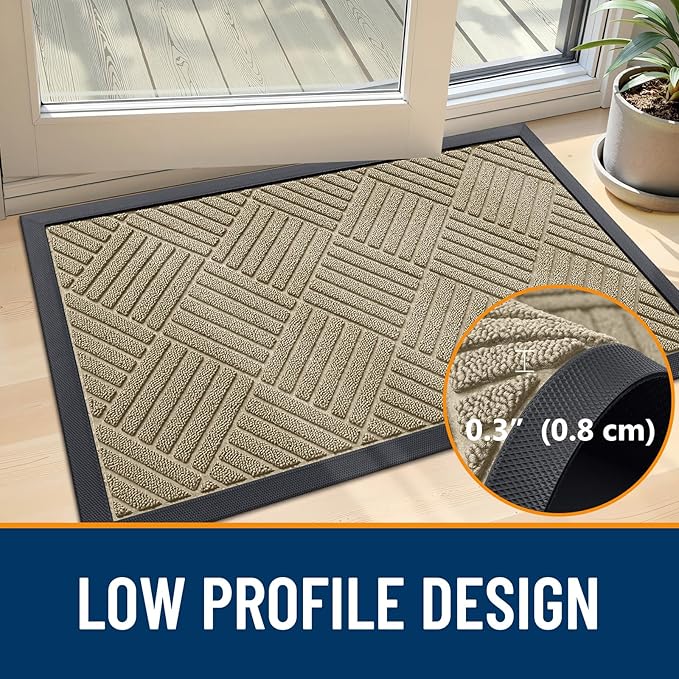 OLANLY Front Door Mat Outside Entrance 29.5x17, Absorbent, Heavy Duty Sturdy Natural Rubber Doormat Indoor Outdoor, Stain and Fade Resistant, Non-Slip Low Profile Floor Mat for Entryway, Beige Diamond