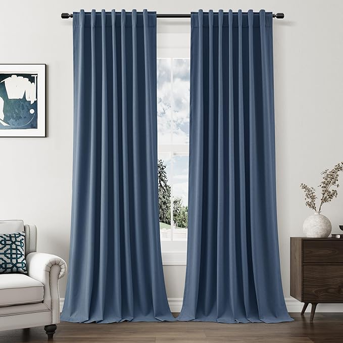 Guken 100% Blackout Curtains 96 Inch Length 2 Panels Set for Living Room Bedroom Back Tab Thermal Insulated Black Out Linen Drapes Room Darkening Window Curtains 96 Inches Long,Denim Blue