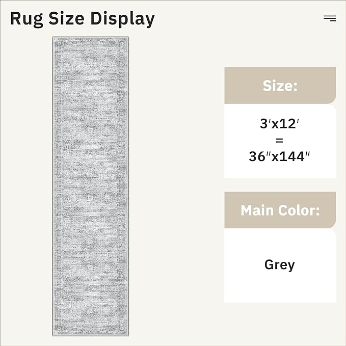 Runner Rug 3x12 Washable Non-Slip Hallway Runner Rugs for Kitchen Bathroom Laundry Room Grey Vintage Floor Carpet Runners for Hallways Entryway