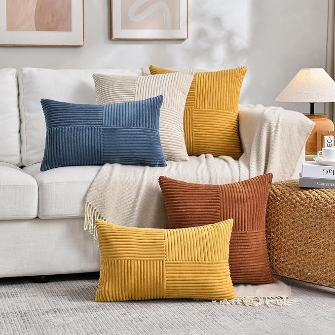 Fancy Homi 2 Packs Rust Lumbar Decorative Throw Pillow Covers 14x22 Inch for Living Room Couch Sofa, Rustic Farmhouse Boho Home Decor, Soft Striped Corduroy Rectangle Accent Terracotta Cushion Case