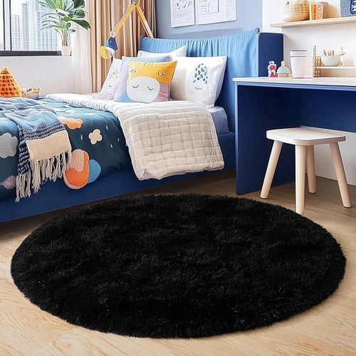 5'x5' Black Round Rug for Bedroom, Ultra Soft Fluffy Circle Rug for Kids Girls Boys Room, Cute Shag Rugs for Living Room Playroom Teen Room Home Decor Rug