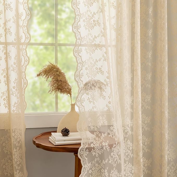 YJ YANJUN Vintage Lace Curtains 72 Inches Long-Victorian Flower Beige Voile Sheer Curtains for Dining Room Bathroom Bay Window Privacy Boho French Country Farmhouse Room Decor 2 Panels 52x72
