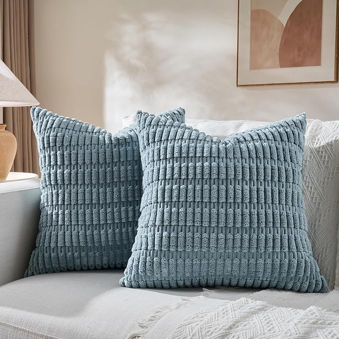 Fancy Homi 4 Packs Boho Light Blue Decorative Throw Pillow Covers 24x24 Inch for Couch Bed Sofa, Rustic Modern Farmhouse Home Decor, Soft Plush Corduroy Cute Square Cushion Case 60x60 cm