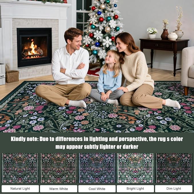 Round Area Rug for Living Room: 6 ft Floral Washable Circle Rug Soft Boho Non-Slip Carpet Indoor Stain Resistant Low Pile Small Circular Rug for Bedroom Entryway Kitchen Nursery Home Office Dark Green