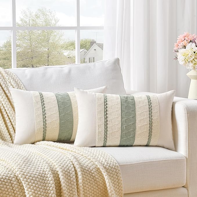 Fancy Homi Set of 1 Sage Green Boho Lumbar Decorative Throw Pillow Covers 14x24 Inch for Living Room Bedroom Couch Bed Sofa, Rustic Retro Cushion Case, Bohemian Room Home Decor