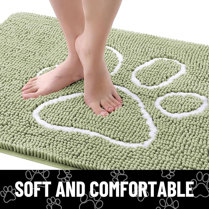 Smiry Dog Door Mat for Muddy Paws, Absorbent Dirt Trapper Non Slip Quick Dry Washable Chenille Mat for Mud Dogs, Entry Rug for Indoor and Outdoor (47x24 Inches, Sage Green and White)