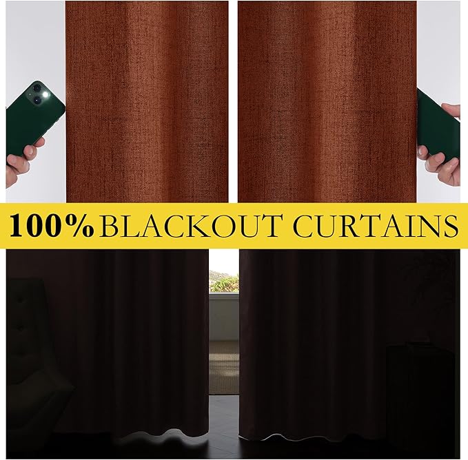 NICETOWN 100% Absolutely Blackout Linen Curtains with Thermal Insulated Liner, 52" Wide, 2 Panels, 120" Long Drapes, Grommet Retro Burnt Orange Linen Curtains Vertical Drapes Privacy for Bedroom