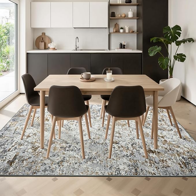 Toneed Abstract Area Rug Modern Washable Rug Soft Non Slip Rug Low Pile for Bedroom Living Room Dining Room Brown Grey Gold 3x5 Feet