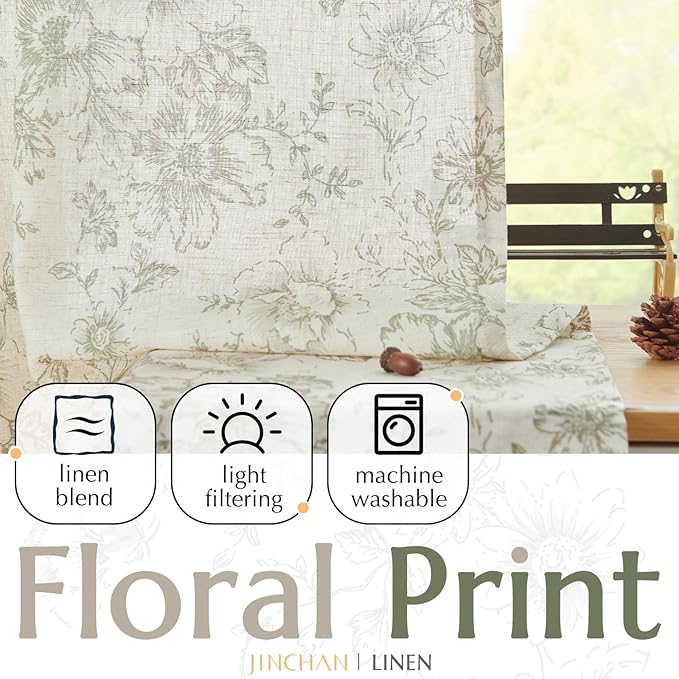 jinchan Linen Floral Curtains 63 Inch Length for Living Room Bedroom Light Filtering Farmhouse Peony Flower Drapes Rustic Window Curtain Set Rod Pocket Back Tab 2 Panels Green