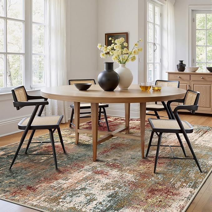 Washable Area Rugs 5'x8' Non-Slip Modern Abstract Soft for Living Room Entryway Bedroom Nursery, Print Pattern, Brown Rust Red Green Blue Multi