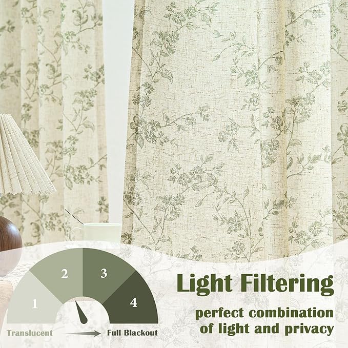 Lazzzy Green Floral Linen Curtains 90 Inch Farmhouse Back Tab Drapes for Living Room Bedroom Light Filtering Vintage Grandmillennial Rod Pocket Curtains, 2 Panels, W38 x L90, Green on Beige