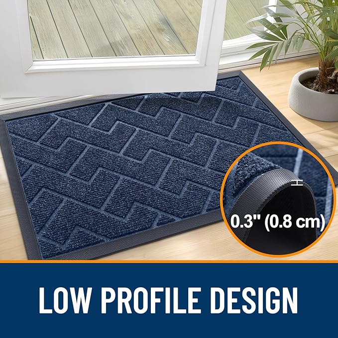 OLANLY Front Door Mat Indoor Outdoor Entrance, Waterproof All-Season, All-Weather Doormat, Sturdy Natural Rubber, Low Profile, Easy Clean Patio Porch Entryway Mat, Herringbone Brick (Blue, 47x17)