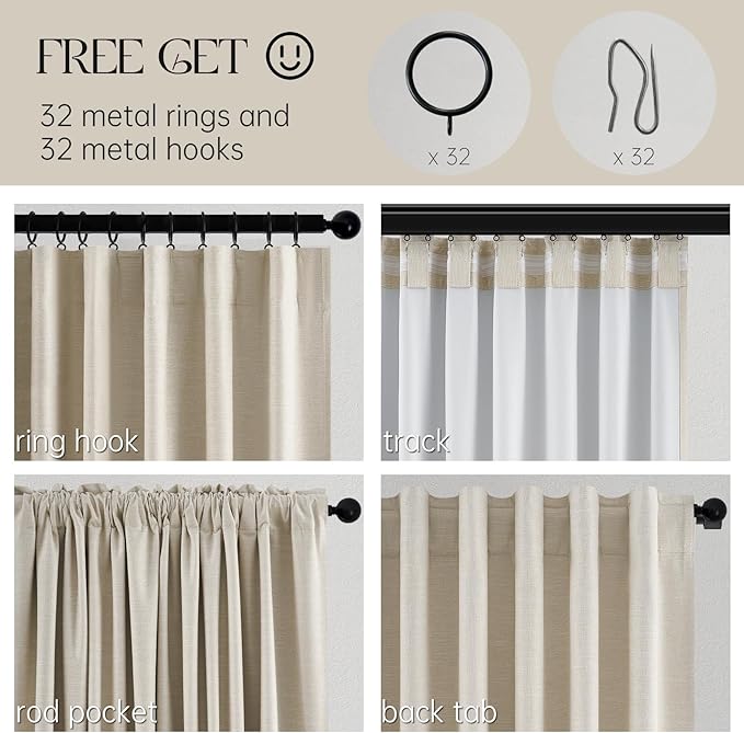 Topfinel 95 Inch Curtains Linen Blackout Curtains 2 Panel Set 100% Blackout Heat Reducing Room Darkening Curtains for Bedroom/Dorm UV Blocking/Noise Canceling Ivory Cream Drapes Back Tab Hooks&Rings