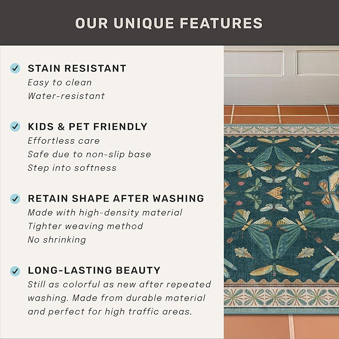 Hazo Haus Insect Teal Green 5x7 Area Rug for Living Room - Cottage Core Rug for Bedroom, Dining Room, Kids Playroom, Home Office, Floral Vintage Whimsical Butterfly Washable Non Slip Floor Décor