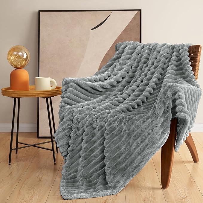 HIMEET Grey Ribbed Twin Blanket for Bed - 300GSM Lightweight Soft Fleece Blanket for Men Women, Cozy Blankets Graduation Birthday Gifts, Striped Spring Home School Dorm Decor, Grey, 60x80 Inches