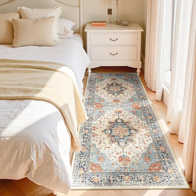 Area Rugs 3'x7' Runner Rug Non Slip Washable for Kitchen Hallway Bedroom Beside Laundry Room Bathroom Rug, Floor Carpet, Beige Navy Blue Orange Colorful