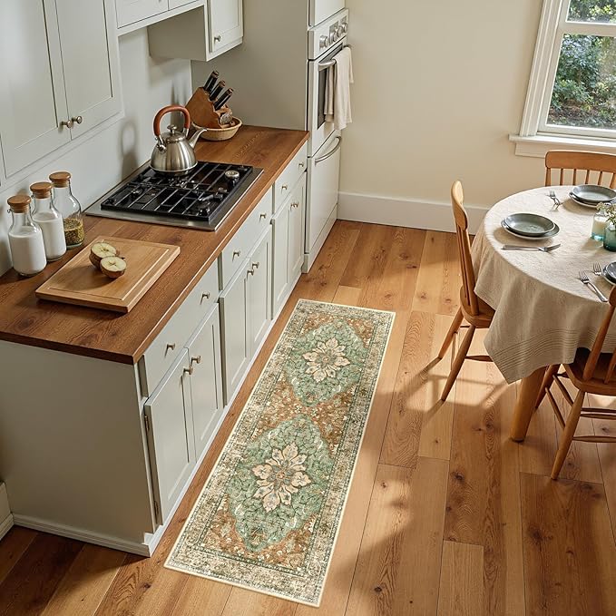 Area Rugs 2'x5' Runner Rug Non Slip Washable for Kitchen Hallway Bedroom Beside Laundry Room Bathroom Rug, Floor Carpet, Brick Red Rust Neutral Brown Burnt Orange Green