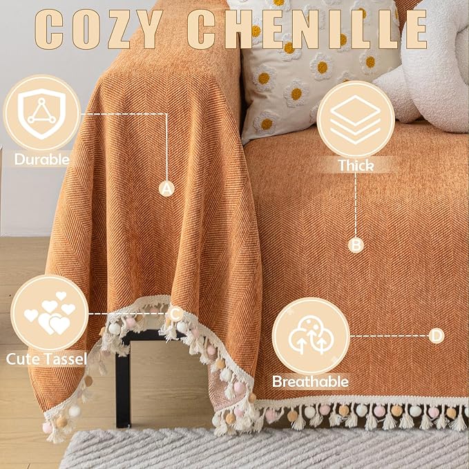 HANDONTIME Dark Orange Sofa Covers Couch Cover for Dogs Colorful Tassel Lovetseat Cover Pet Couch Cover Bohemian Sofa Cover for Couch Vintage Boho Couch Covers Futon Cover Pet-Friendly, 91" X150"