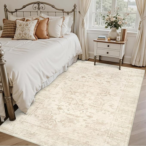 5x7 Area Rugs for Living Room: Vintage Boho Neutral Washable Rug Indoor Soft Large Area Rug Carpet for Bedroom Nursery Farmhouse Dining Room Office Floor Non-Slip Low Pile Under Table Rug Beige/Brown