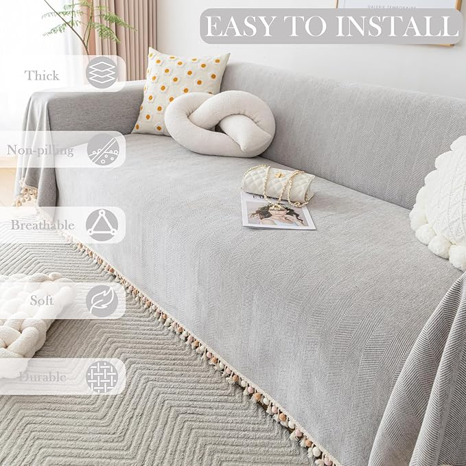 HANDONTIME Grey Sofa Cover for Couch Boho Couch Cover for 3 Seat Couches Dog Couch Cover Love Seat Couch Covers Light Grey Sectional Cover 91" X118" Tassel Chenille Herringbone Sofa Covers
