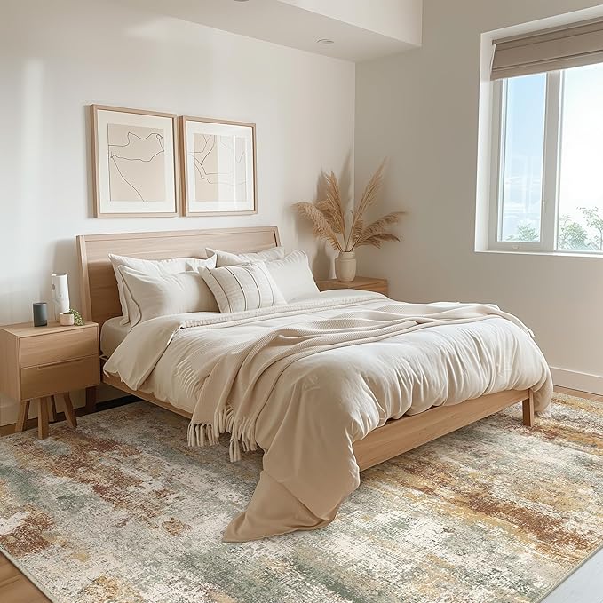 BEIMO Area Rugs 9x12 for Living Room Bedroom, Modern Abstract Machine Washable Rug, Large Soft Low Pile Floor Cover with Non Slip Backing for Dining Room, Orange Green