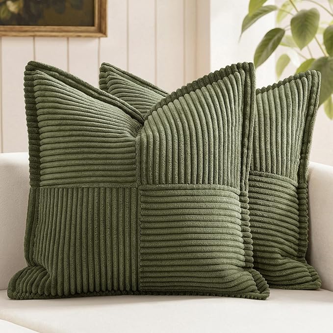 MIULEE Olive Green Corduroy Pillow Covers 16x16 Inch with Splicing Set of 2 Soft Boho Striped Pillow Covers Broadside Decorative Textured Summer Pillowcases for Couch Cushion Bed Livingroom