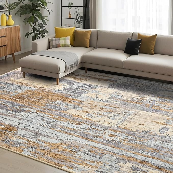 Toneed Abstract Area Rug Modern Washable Rug Soft Non Slip Rug Low Pile for Bedroom Living Room Dining Room Camel 4x6 Feet