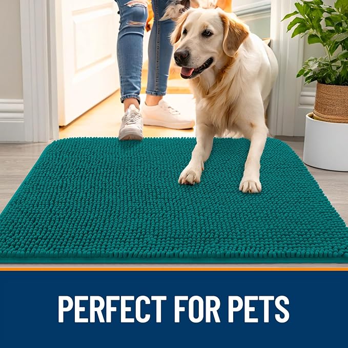 OLANLY Dog Door Mat for Muddy Paws 35x24, Absorbs Moisture and Dirt, Absorbent Non-Slip Washable Doormat, Quick Dry Chenille Mud Mat for Dogs, Entry Indoor Entryway Carpet for Inside Floor, Lake Blue