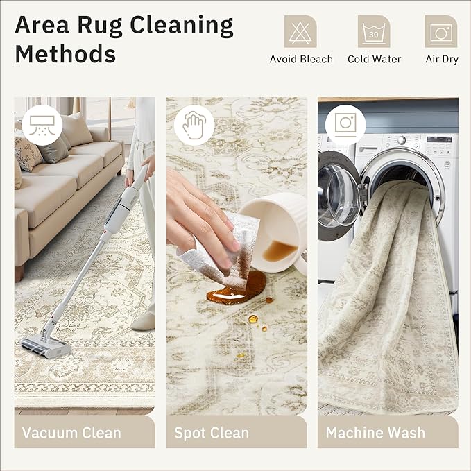 Area Rugs 5x7, Washable Rug, Stain Resistant 5x7 Area Rugs for Living Room Bedroom Dining Room, Vintage Gray Farmhouse Rug Beige