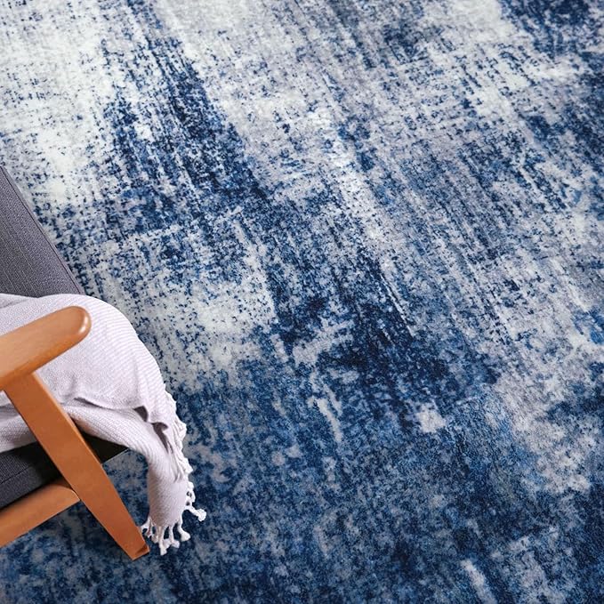 IOHOUZE Abstract Runner Rug 2x12 Ft Washable Runners for Hallways, Non Slip Kitchen Runner Printed Faux Wool Entryway Runner Indoor, Modern Abstract Floor Carpet for Hall Kitchen, Navy/Grey