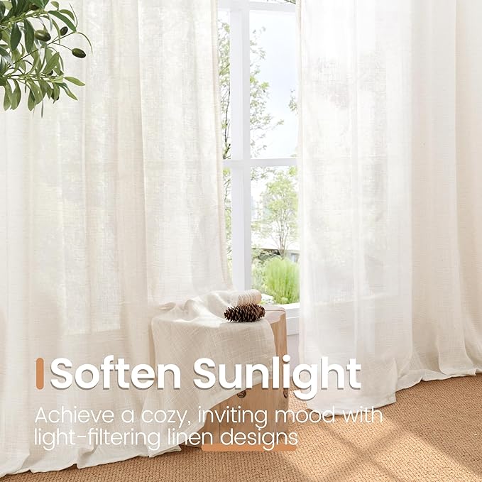 BGment Short Linen Curtains 45 Inch Length for Cafe Kitchen Windows - Rod Pocket Light Filtering Semi Sheer Drapes Textured Bedroom Decorative Lightweight Natural Rustic, 2 Panels Set, 30 X 45 Inch