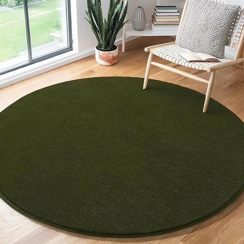 Amearea Olive Green Round Area Rugs 5ft Washable Circle Rugs for Bedroom Living Room, Fluffy Indoor Thickened Memory Foam Rug, Non Slip Minimalist Circular Carpet for Kids Boy Girl Dorm Nursery Room