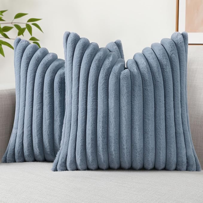 decorUhome Cozy Faux Fur Throw Pillow Covers 16x16 Set of 2 Decorative Soft Plush Striped Modern Farmhouse Boho Couch Pillow Cases with Velvet Back for Sofa Bed Living Room, Grey Blue