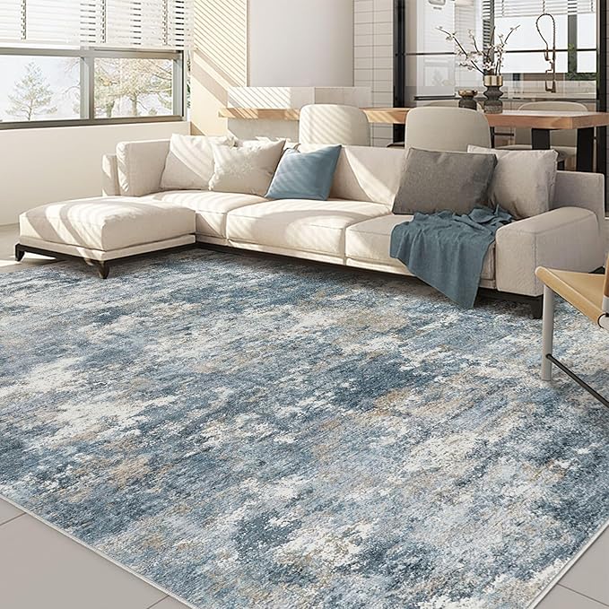 Nakagishi 8x10 Area Rugs Living Room: Washable Abstract Large Neutral Soft Rug Stain Resistant Modern Indoor Floor Non-Slip Carpet for Bedroom Nursery Kids Playroom Office Dining Room Dorm-Blue Brown